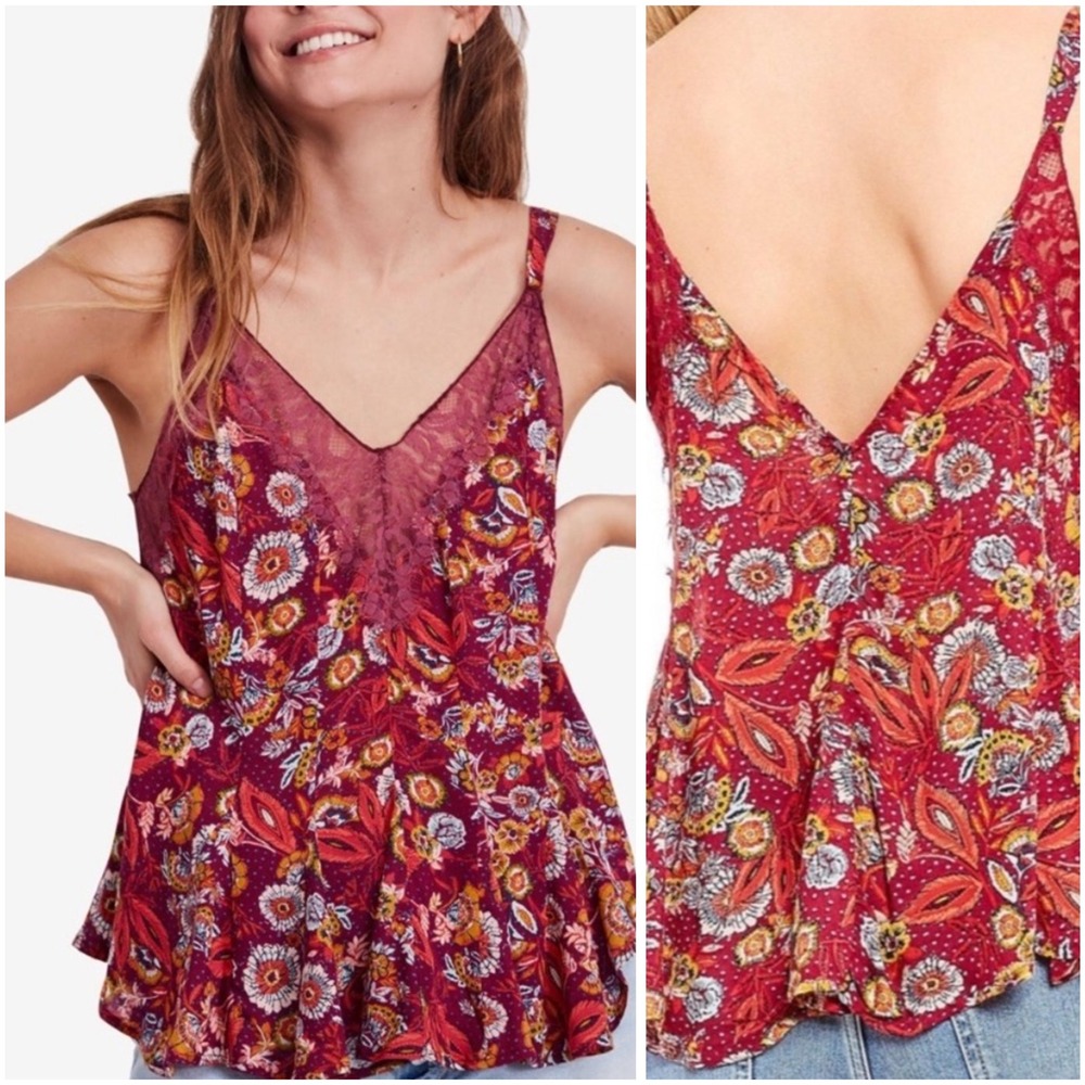 Free People Floral Cami Top Lace Trim V Neck Sleeveless Blouse Medium